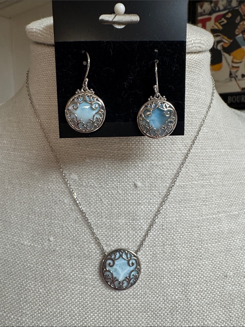 Sterling Silver Filigree Blue Larimar Necklace and Earrings Set